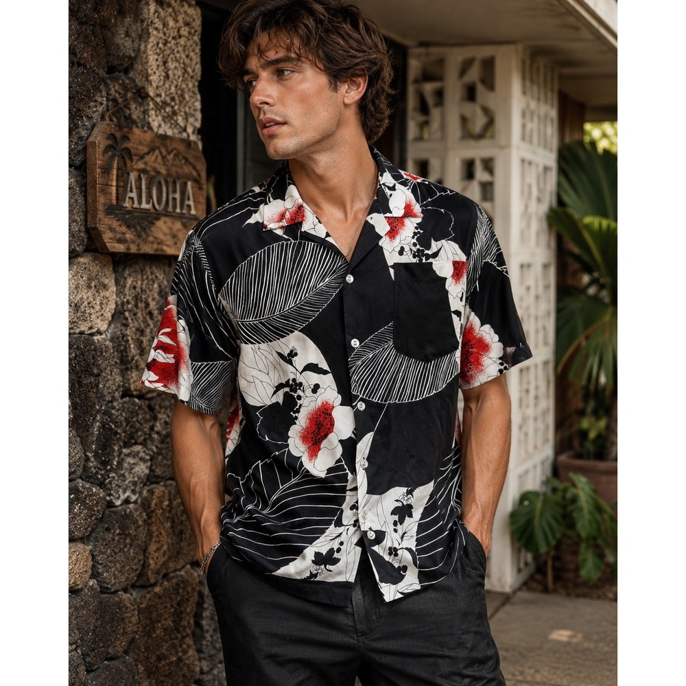 Vintage 1990s Hilo Hattie Hawaiian Aloha Shirt Black Red Floral Tropical Men M